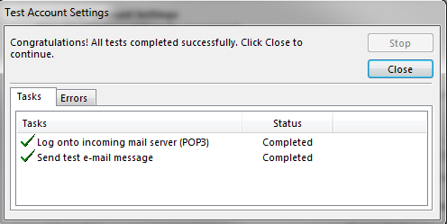 Testing the email settings in outlook 2013